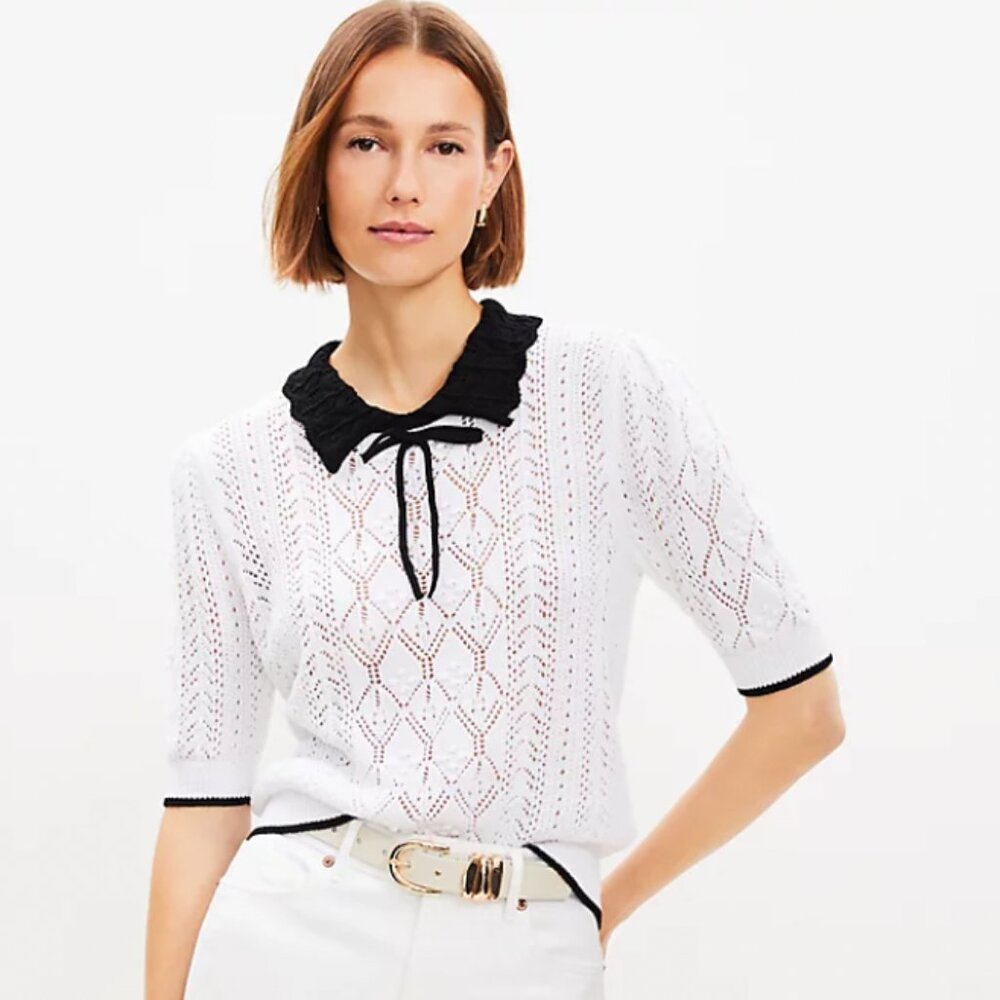 Tipped Open Stitch Puff Sleeve Sweater Tee